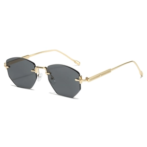 Frameless polygonal sunglasses with dark grey lenses and golden metal temples