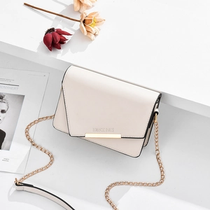 Minimalist white PU leather crossbody bag with gold chain strap and metal bar detail