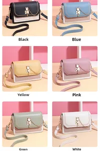 Collage of multi-colored PU crossbody bags featuring a unique cat-shaped metal lock clasp