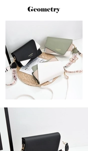 Close-up of geometric PU leather crossbody bags with colorful embroidered fabric straps