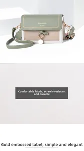 Detail of color-block crossbody bag featuring scratch-resistant leather and gold charm