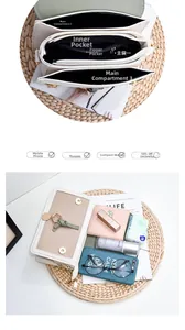 Detail view of multi-compartment interior and storage capacity of the beige crossbody bag