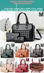 Detailed views of 3-piece set glossy textured faux leather handbags in 6 colors