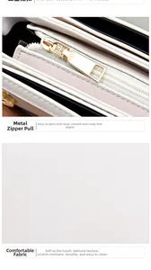 Detail of premium gold metal zipper and white textured faux leather on the shoulder bag