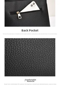 Detail of back anti-theft zipper pocket on black lychee texture PU crossbody bag