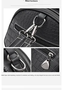 Detail of silver-plated hardware and crocodile pattern texture on a black crossbody bag