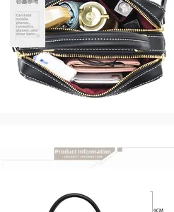 Dettaglio dell'interno multistrato della borsa in pelle nera con spazio organizzato