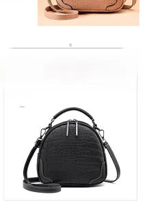 Detail of black crocodile texture handbag with silver hardware and front view display