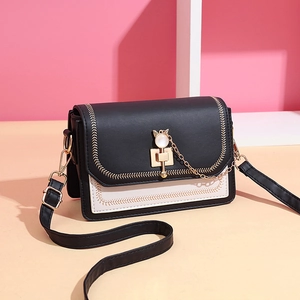 Women Fashion Contrast Color Shoulder Bag PU Leather Small Square Crossbody Purse With Cat Lock Decoration And Adjustable Strap