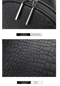 Detail of silver zipper hardware and black crocodile embossed texture on a crossbody bag