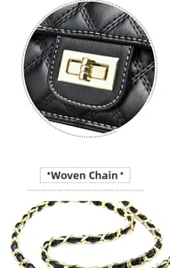 Close-up of quilted black leather bag with gold twist lock and woven chain strap