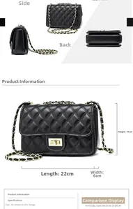 Detailed multi-angle views and dimensions of a black quilted leather chain bag