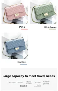 Detailed view of quilted chain bags in pink, mint, and blue with gold hardware
