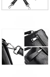 Detailed close-up of premium silver hardware and zipper on black leather shoulder bag