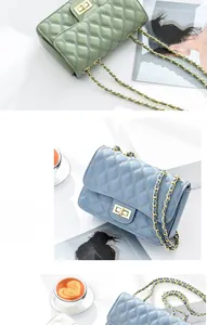 Detail of quilted leather crossbody bag with gold-tone twist lock and chain strap