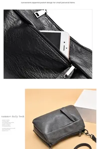 Detail of soft leather crossbody bag featuring back zipper pocket for smartphone storage