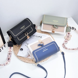 Women Small Square Crossbody Bag PU Leather Contrast Color Metal Ring Decor Wide Embroidered Strap Retro Fashion