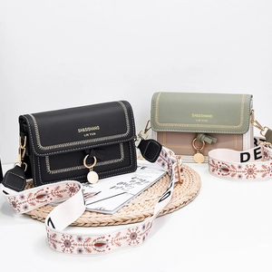 Retro PU leather crossbody bag with contrast stitching and patterned wide strap