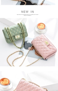 Detail of quilted leather chain strap and metallic lock on two elegant crossbody bags