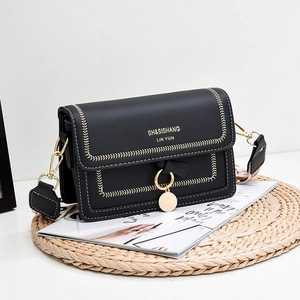 Classic black PU leather crossbody bag with contrast stitching and golden hardware