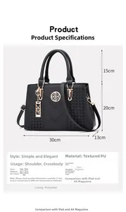Detailed view of black textured leather handbag with dimensions 30x13x20cm and gold hardware