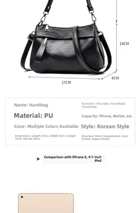 Detailed view of black PU leather crossbody bag with dimensions 27x8x18cm and internal layout