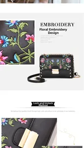 Macro detail of floral embroidery and gold metal lock on black PU leather crossbody bag