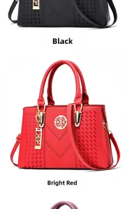 Detail view of large capacity faux leather handbags with V-stitch and woven textures