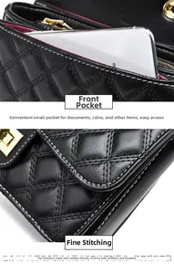 Detail of the front pocket and fine stitching on the black quilted chain bag