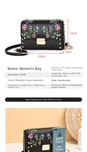 Detail of black embroidered PU crossbody bag with dimensions 22x15x8cm and chain strap