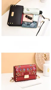 Detail view of embroidered crossbody bag showing large capacity for phone and essentials