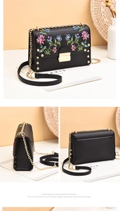 Detailed views of a black PU crossbody bag featuring colorful floral embroidery and gold studs