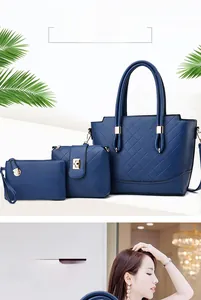 Vue détaillée d'un ensemble de sacs 3-en-1 bleu foncé avec motif matelassé et détails dorés chics