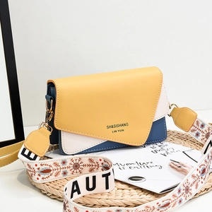 Fashionable color-block crossbody bag with embroidered wide strap and metal hardware