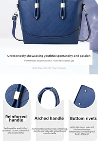 Détail du sac cabas bleu marine matelassé avec poignée renforcée et rivets de fond dorés