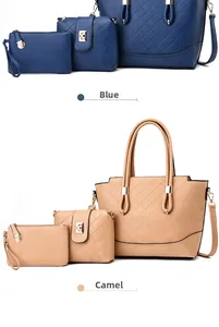 Détails de l'ensemble de trois sacs bleu et camel avec motif matelassé en losanges