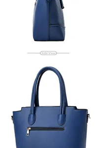 Vue détaillée du côté et du haut d'un sac cabas en cuir bleu avec fermeture dorée