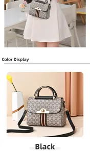 Detail of crossbody bag with classic pattern, gold twist lock and red-blue stripe web