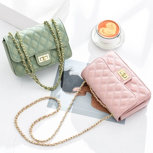Chic quilted crossbody chain bags in pink and green colors with gold metal lock closure