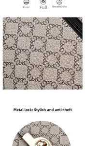Detail of cross-body bag featuring chain pattern fabric and secure metal lock hardware