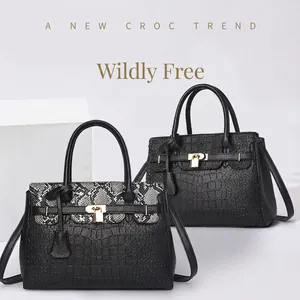 Fashion crocodile embossed large tote bag with gold lock and snake skin contrast detail
