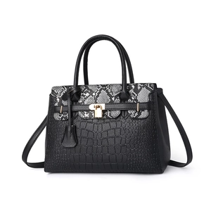 Fashionable black faux crocodile and snake skin tote bag with gold lock for women