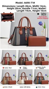 Detailed view of striped canvas tote bag and matching long wallet with size specifications