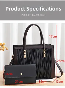 Detailed view of quilted tote bag and matching long wallet with precise size dimensions