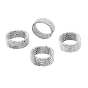 Minimalist silver Milanese mesh rings set with a polished industrial weave design