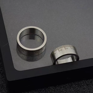 Stainless steel ring with unique ruler scale engraving shown from multiple angles