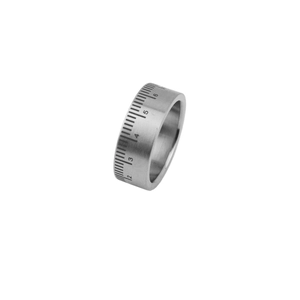 Industrial style stainless steel ring featuring engraved scale marks and numeric details