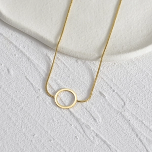 Minimalist double layer golden stainless steel snake chain necklace with round ring pendant