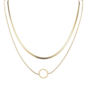Double layer gold stainless steel necklace with flat snake chain and round open pendant