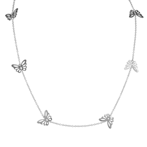 Minimalist silver butterfly necklace featuring six hollow butterfly pendants on long chain